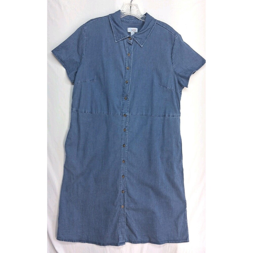 D&Co Denim Dress Women Med Pockets Casual Cottage Button Front Country Blue